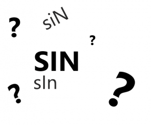 The word "Sin" desplayed three times with question marks